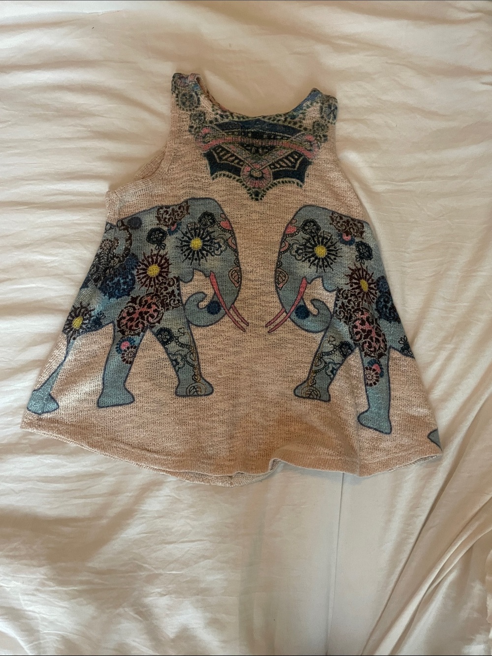 Ginger G Beige Tank Top with Blue Elephant Print and Pink Accents